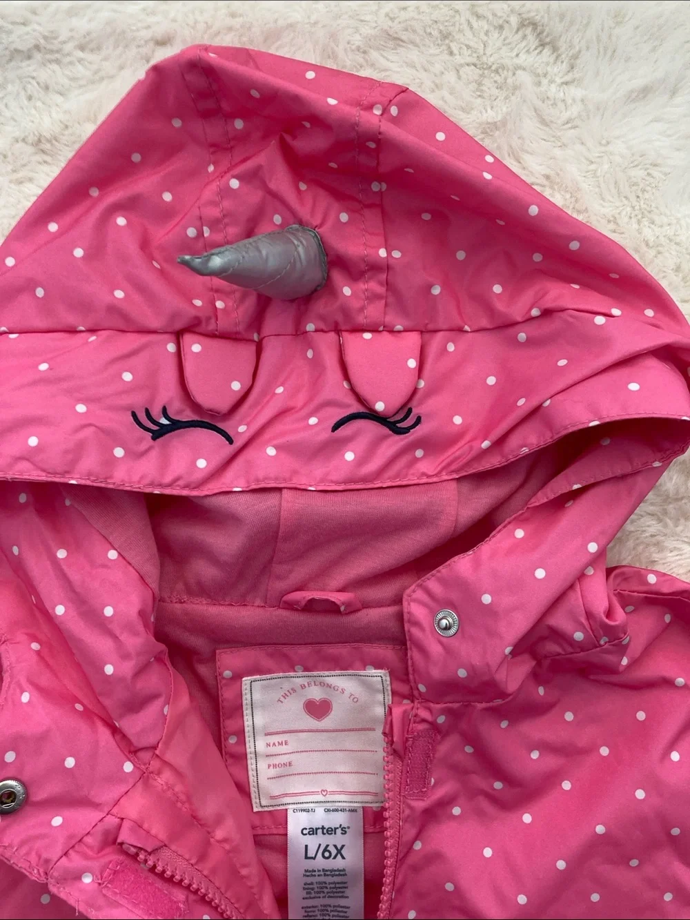 SALE! 50% Off kids Carter's Hot Pink Polka Dot Hooded Unicorn Raincoat Size 6X